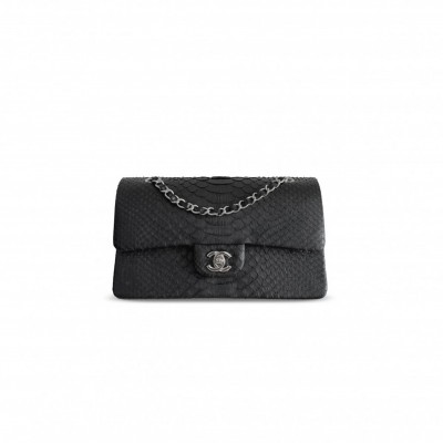 CHANEL MASTER BLACK PYTHON MEDIUM CLASSIC DOUBLE FLAP SILVER HARDWARE (25.5*15.5*6.5cm)